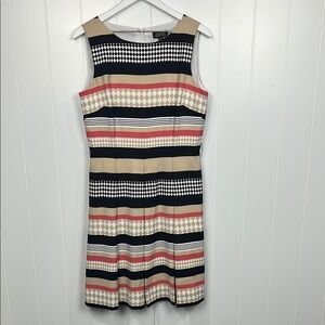 Tahari Womens Dress 10 Beige Black Stripes Diamond Pattern Zip Back Sleeveless